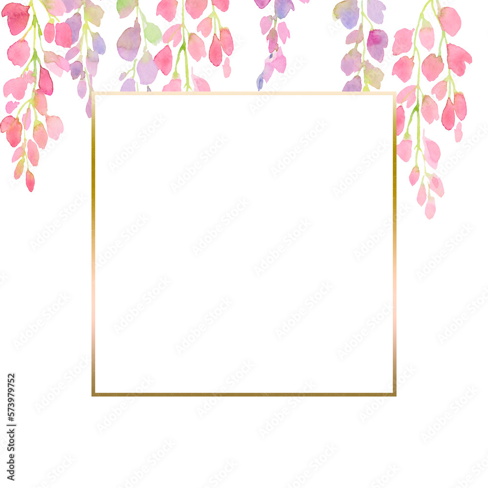 pink and purple wisteria frame, branches and flowers, watercolor illustration. pink and purple wisteria frame, branches and flowers, watercolor illustration.