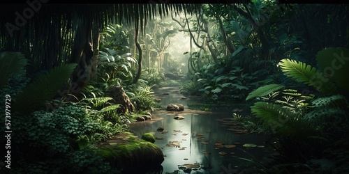 A stream in a jungle with lots of trees and plants on the sides of it jungle a detailed matte painting primitivism