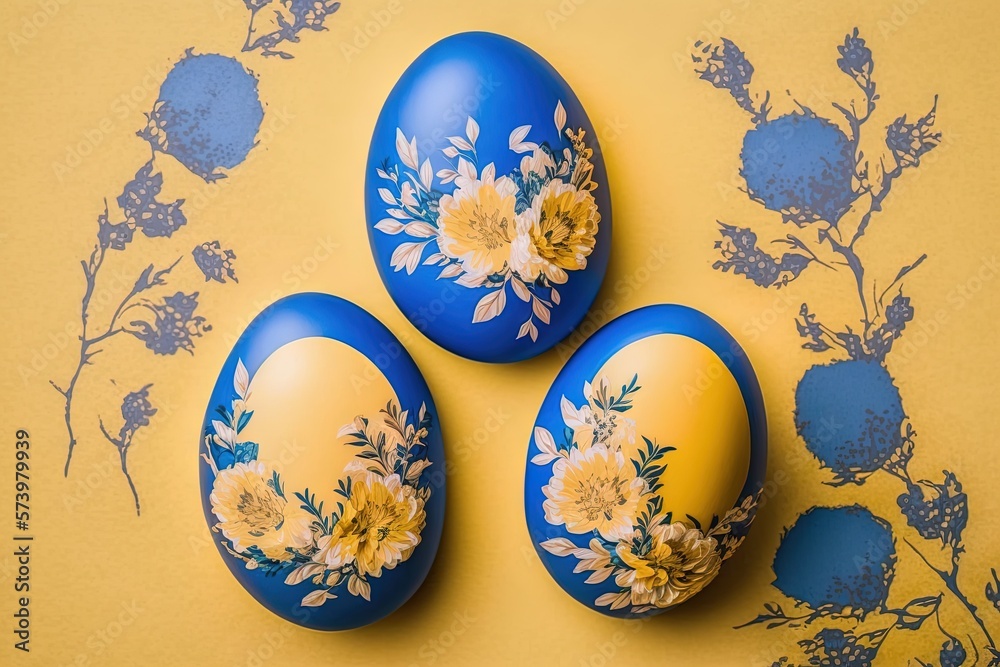  three blue and yellow eggs with flowers painted on them on a yellow background.  generative ai