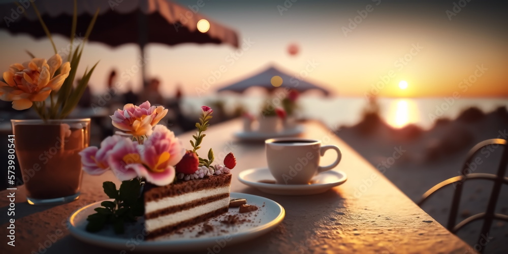 romantic sunset beach caffee ,cup of coffee ,sweet cake and flowers on table ,romantic couple relaxing  generated ai