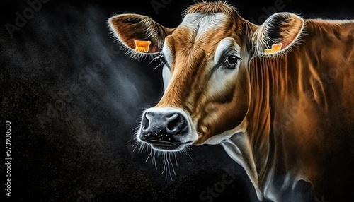 Leinwand Poster a painting of a brown cow with a black background and white spots