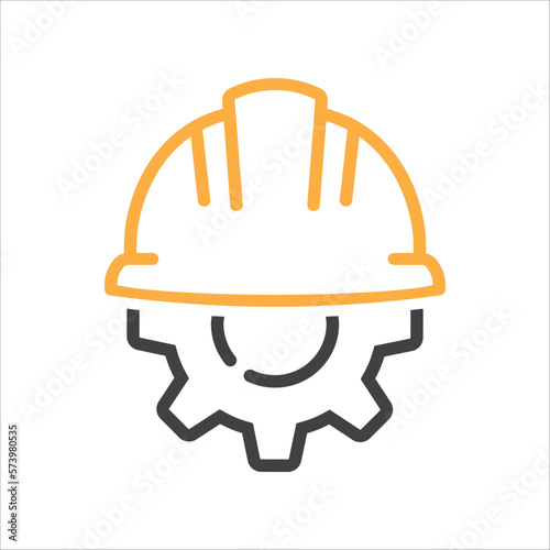 Safety Helmet Construction with Gear linear Vector icon Design. Safety helm logo gear vector