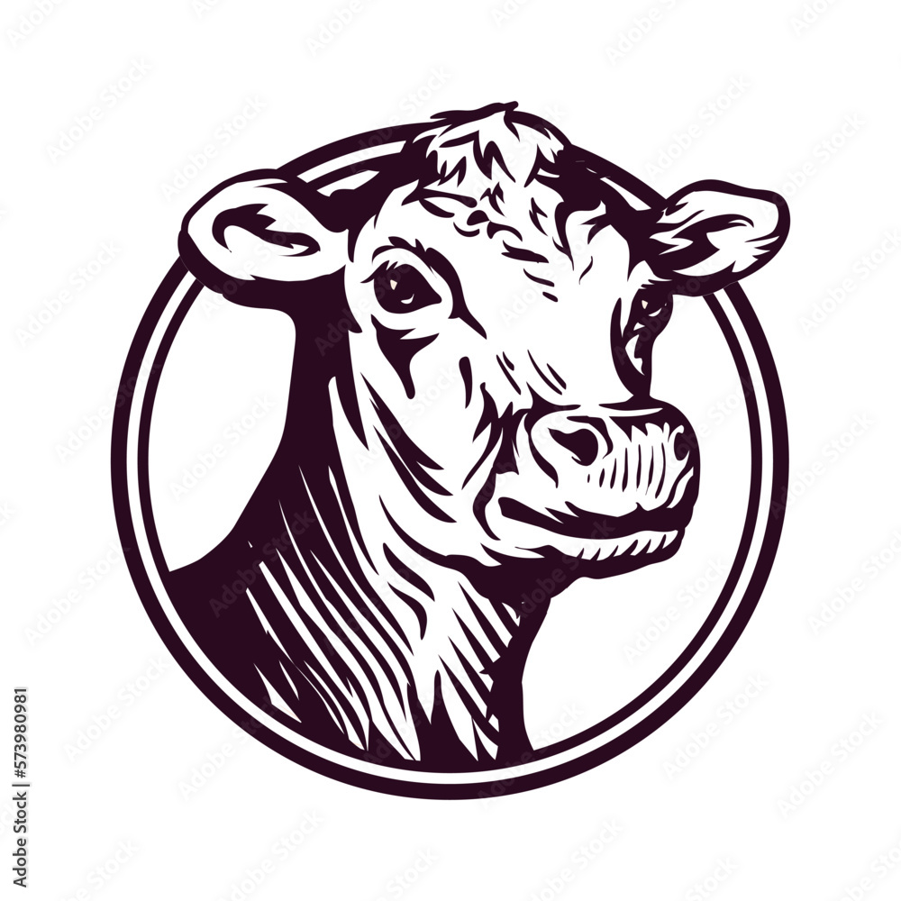 Portrait of a Jersey cow in a circle. Vector engraving illustration