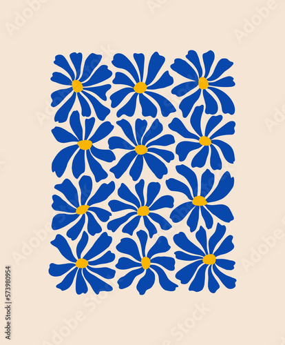 Groovy daisy flowers pattern. Minimalistic illustration of chamomile flowers in trendy Matisse style. Botanical abstract art poster.