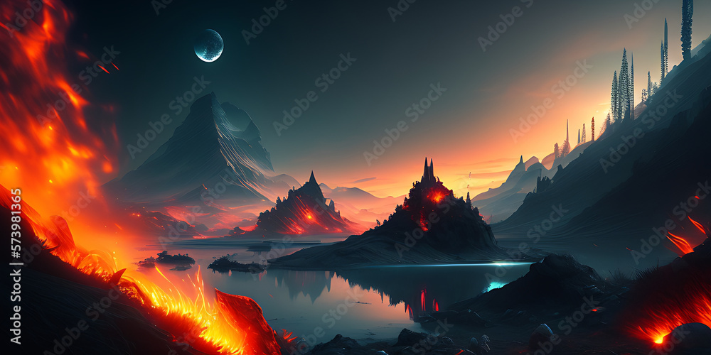 Pyropunk landscape, desktop wallpaper, concept art, - fire destroy the landscape 