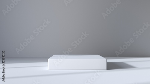 Geometric podium for product demonstration. 3d square shape on white and grey background with window shadows. 3d render