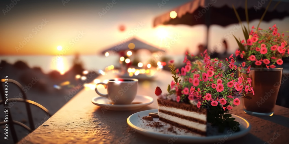 romantic sunset beach caffee ,cup of coffee ,sweet cake and flowers on table ,romantic couple relaxing  generated ai