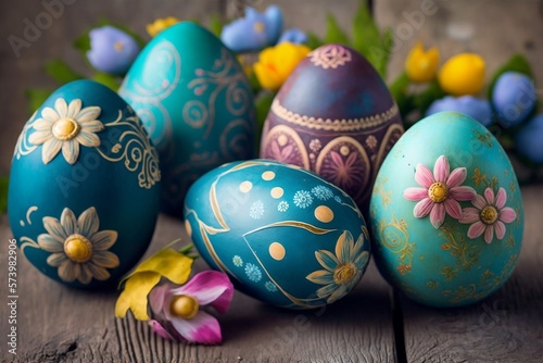 Beautiful colorful easter eggs on blue wooden, background