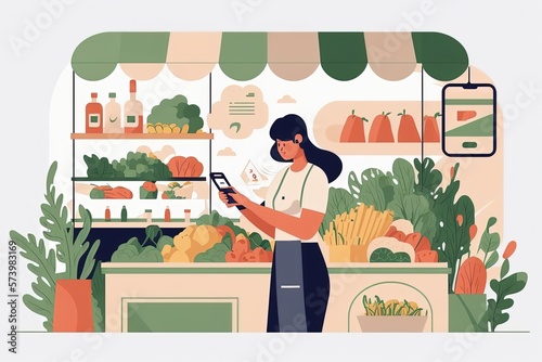 Happy woman with shopping list on smartphone buy fresh and healthy food from grocery store, flat cartoon illustration generative AI © Maryna
