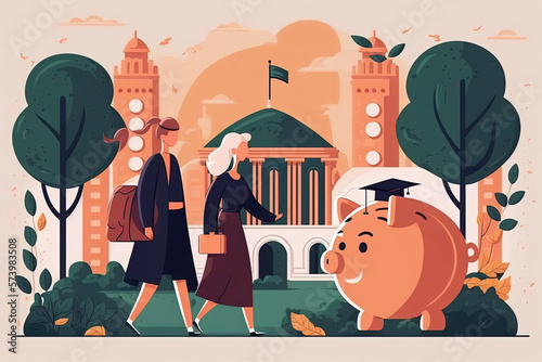 University professor and a first-year student walking through the courtyard of the park to the campus. Investment in education concept. Flat cartoon illustration generative AI