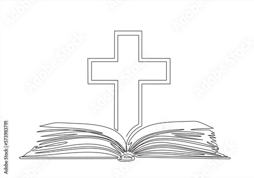 Continuous single one line drawing of open book and cross.Bible, christianity. Illustration with quote template. One line vector illustration. Order a banner for one line drawing.