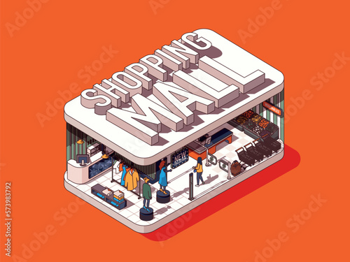 Shopping mall concept in 3d isometric graphic design. Shop with different departments, buying clothes, supermarket checkout. Vector illustration with people in isometric room interior for web banner