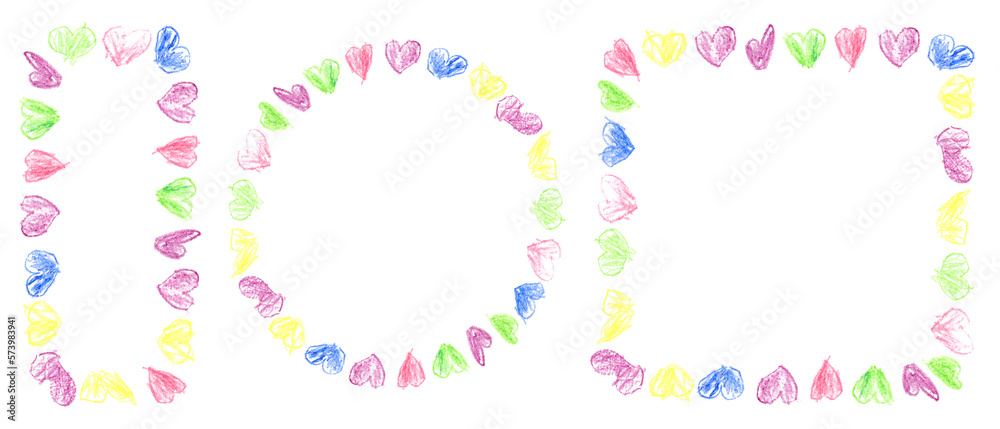 Set Frames With Colored Kid's Crayon Hand Drawn Hearts