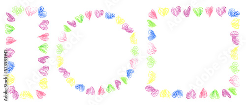 Set Frames With Colored Kid s Crayon Hand Drawn Hearts