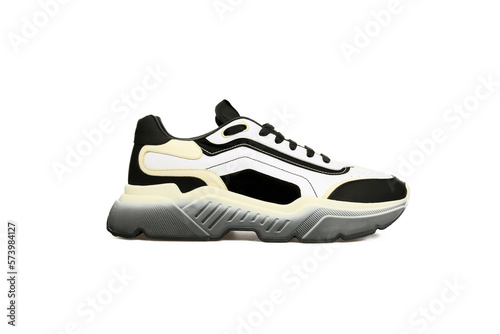 Blank female sneaker, boot isolated on white background. Fashion women's basketball sports shoe with high sole. Footwear, casual leather training shoe. Template, mock up