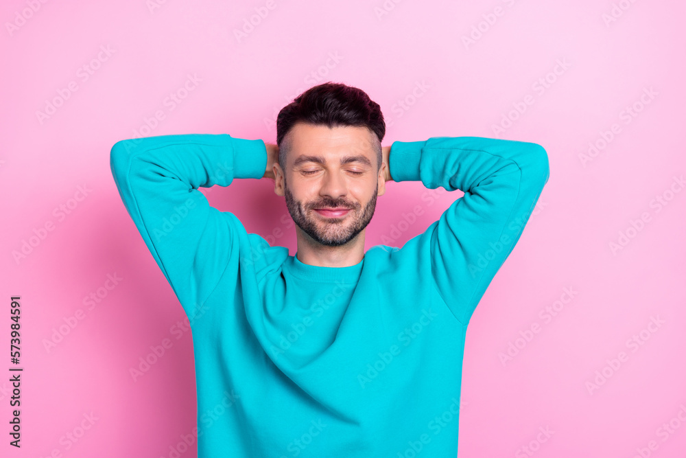 Photo of sleeping young student brunet hair man chill after university classes rest carefree dreaming about future isolated on pink color background Photo of sleeping young student brunet hair man chill after university classes rest carefree dreaming about future isolated on pink color background