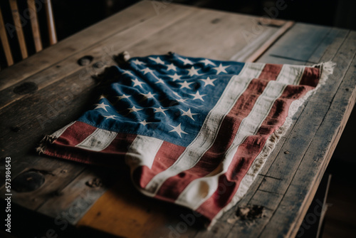 vintage American flag lays spread out on wooden table, edges slightly frayed and tattered from years of use. red and white stripes are faded, and blue field with white stars has a slightly muted hue.