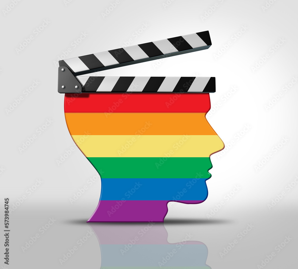 LGBTQ Movies and LGBT cinema as Diversity In Movies and sexual orientation or gender identity representation in film and entertainment industry with the colors of the Pride flag as gay and lesbian act