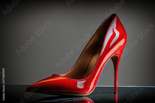  a red high heeled shoe on a reflective surface with a black background. generative ai