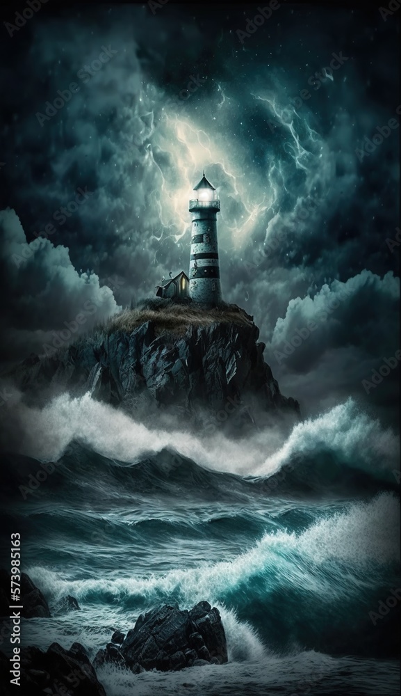  a lighthouse in the middle of a stormy sea with a full moon in the background.  generative ai