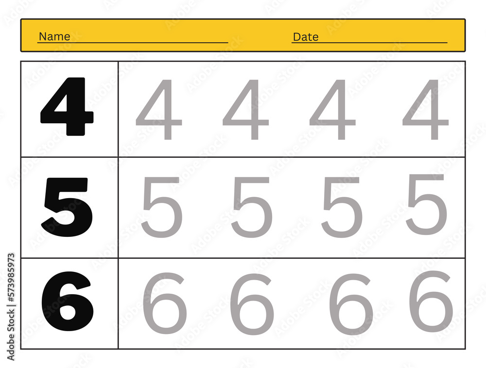 The practice of writing numbers 4, 5, 6. Tracking worksheet count and write The practice of writing numbers 4, 5, 6. Tracking worksheet count and write