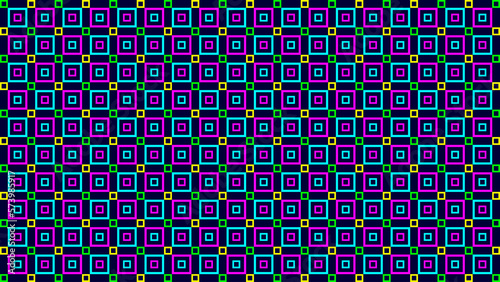 Vector illustration of small squares in green, yellow, sky blue and purple or pink colors, and medium sized squares in sky blue and purple or pink colors with center squares on dark blue background