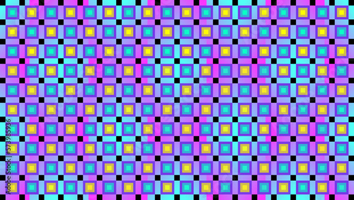 Vector illustration with small black squares and medium sized squares in blue-purple colors in the middle of a combination of yellow and sky blue squares on a sky blue and pink gradient background