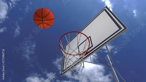 one basketball ball hits the basketball net on the sky background 3D render © Olga Koronyevska
