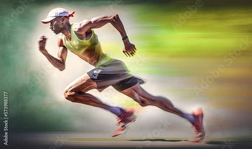  a man running in a green and yellow shirt and hat.  generative ai