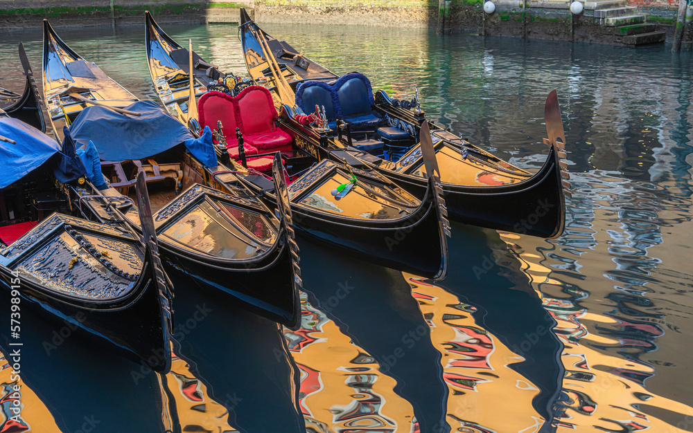 Closeup of gondolas in Golden sunset, Venice