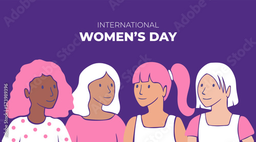 Group of girls supporting each other. Sisterhood and female friendship. Vector illustration in purple and pink colors.