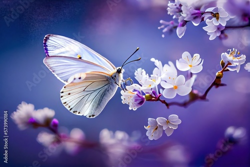 Beautiful Butterfly on White Flowers background. Created with Generative AI Technology
