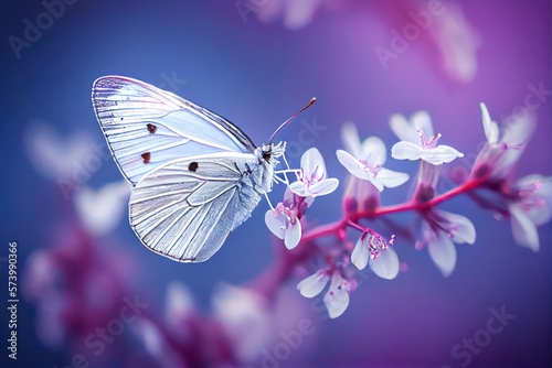 Beautiful Butterfly on White Flowers background. Created with Generative AI Technology