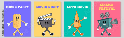 Groovy ticket, megaphone, slate board, retro camera. Cute cartoon characters with hands, legs, eyes. Cinema, movie theater, cinematography, movie watching concept. Hand drawn Vector illustration