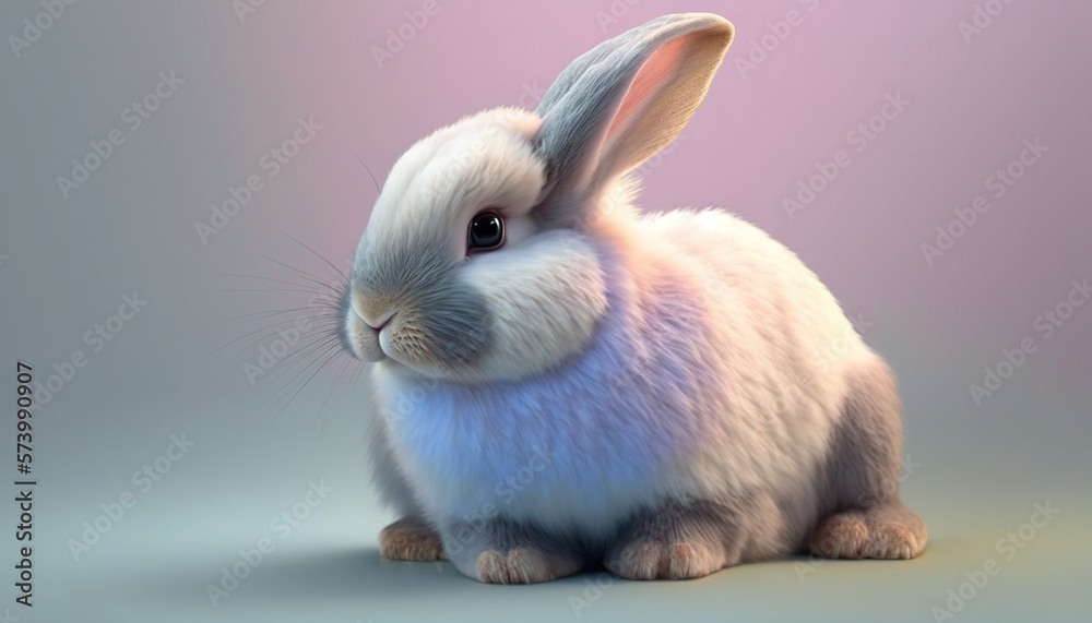 a white rabbit sitting on top of a gray floor next to a pink wall and a gray background with a white rabbit on it's head.  generative ai