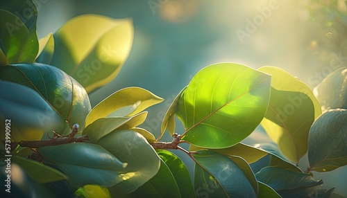  a close up of a green leafy plant with sunlight shining through the leaves on the branches of the plant and a blue sky in the background. generative ai