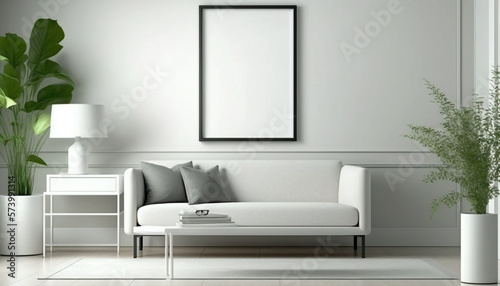 mockup poster frame in modern interior background  living room  Scandinavian style  Generative ai
