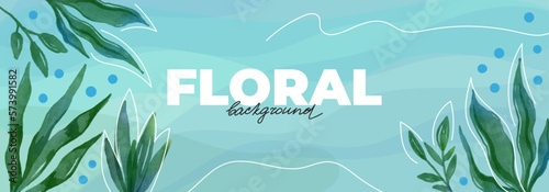 Spring banner design with watercolor leaves, stems. Background template with botanical, floral and linear elements. Blue banner with sea plants, seaweed