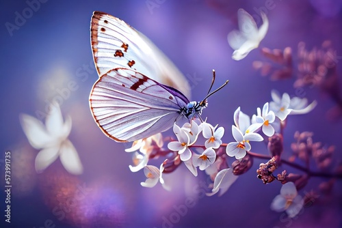Beautiful Butterfly on White Flowers background. Created with Generative AI Technology
