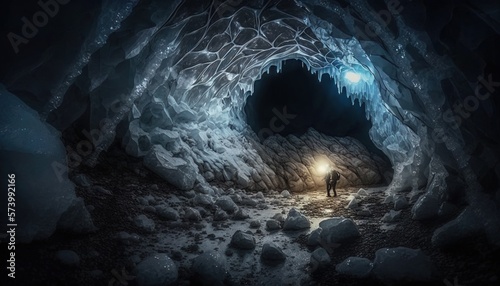  a man standing in a cave with a light at the end. generative ai