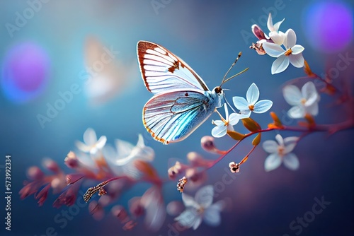 Beautiful Butterfly on White Flowers background. Created with Generative AI Technology