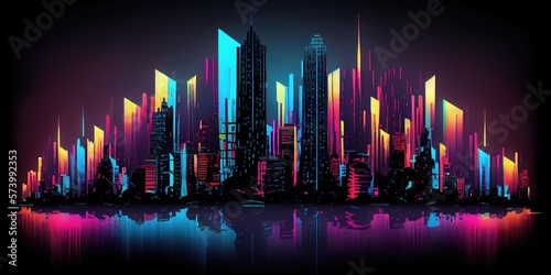 Neon city skyline  impressionism. City of Lights. Generative AI.