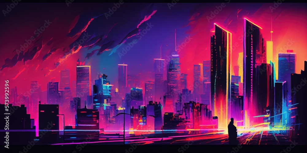 Neon city skyline, impressionism. City of Lights. Generative AI. Neon city skyline, impressionism. City of Lights. Generative AI.