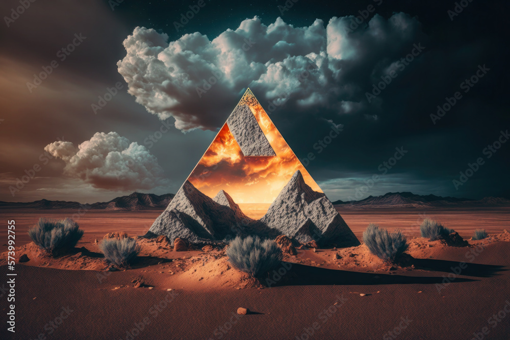 Surreal desert landscape with mirror triangle, clouds in the sky. abstract background. ai generative - obrazy, fototapety, plakaty 