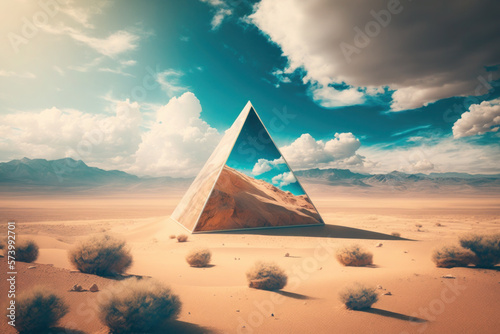 Surreal desert landscape with mirror triangle, blue sky. minimal abstract background. ai generative