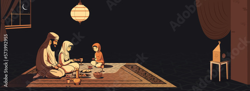 Arab Family Character Enjoying Delicious Meals Together On Carpet And Ceiling Lamp In Night Time. Islamic Festival Banner Design.