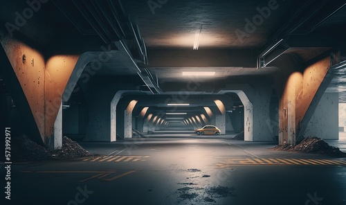  an empty parking garage with a yellow car parked in it.  generative ai