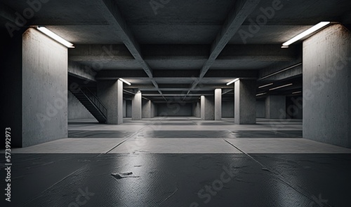  an empty parking garage filled with lots of lights and concrete floors. generative ai