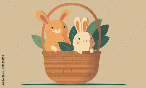 Illustration Of Cute Two Baby Rabbits Or Bunnies Characters With Leaves In Basket Against Beige Background And Copy Space.