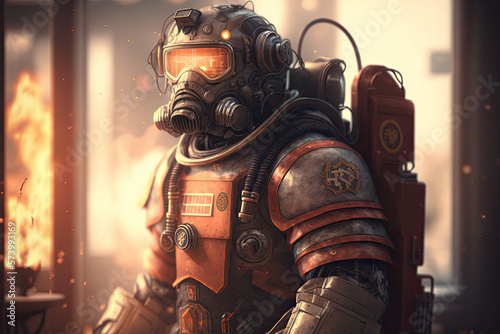 Heroic robot, android, droid, cyborg firefighter putting out hot flames, wearing uniform and mask. Dangerous, gas masks, fire, red, orange, high temperature, war, battle, 